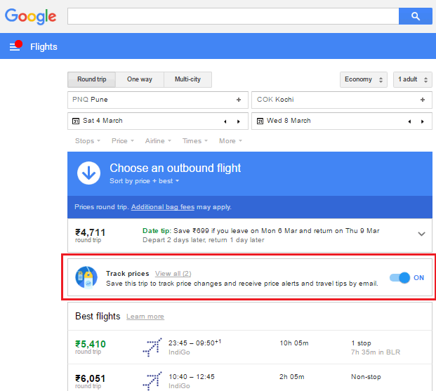 Google flight alerts
